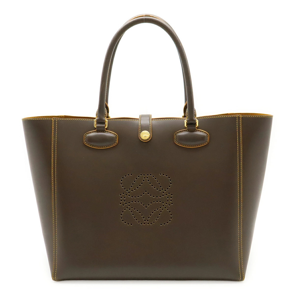 Loewe Leo Tote Bag Shoulder Anagram Perforated Leather Khaki Brown
